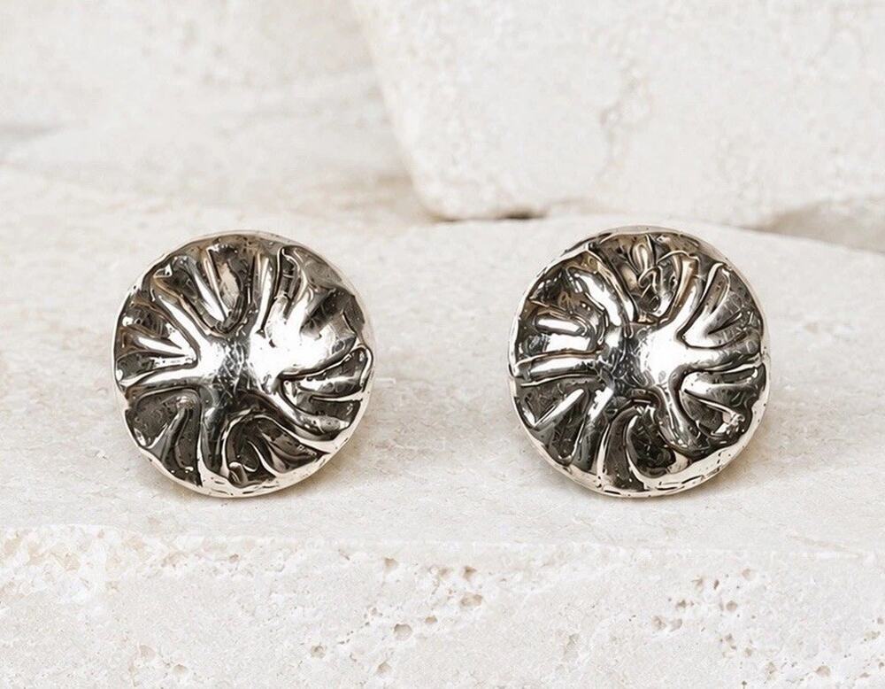 Sterling Silver Concho Stud Earrings Navajo Southwest Native Sunburst Dome Post